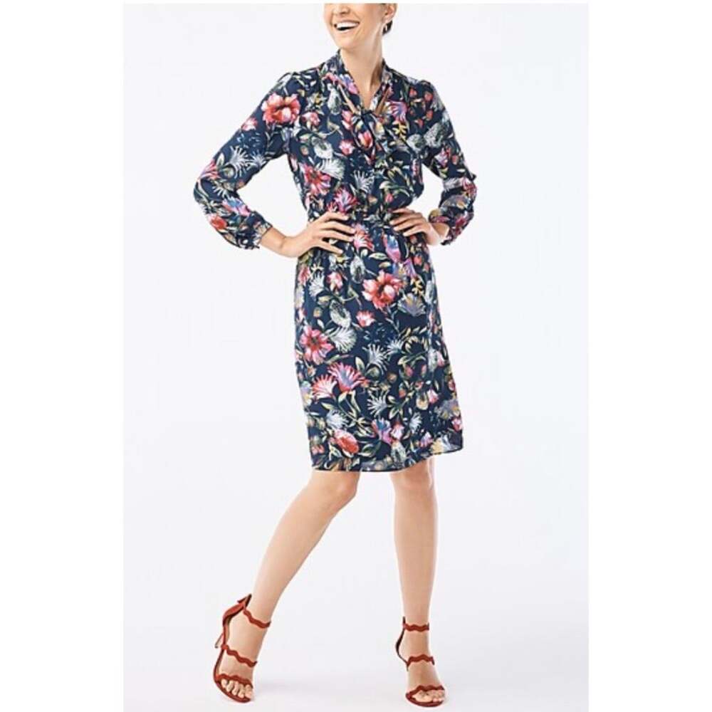 J. Crew Factory Floral Print Long Sleeve Tie-Neck Dress - size Small